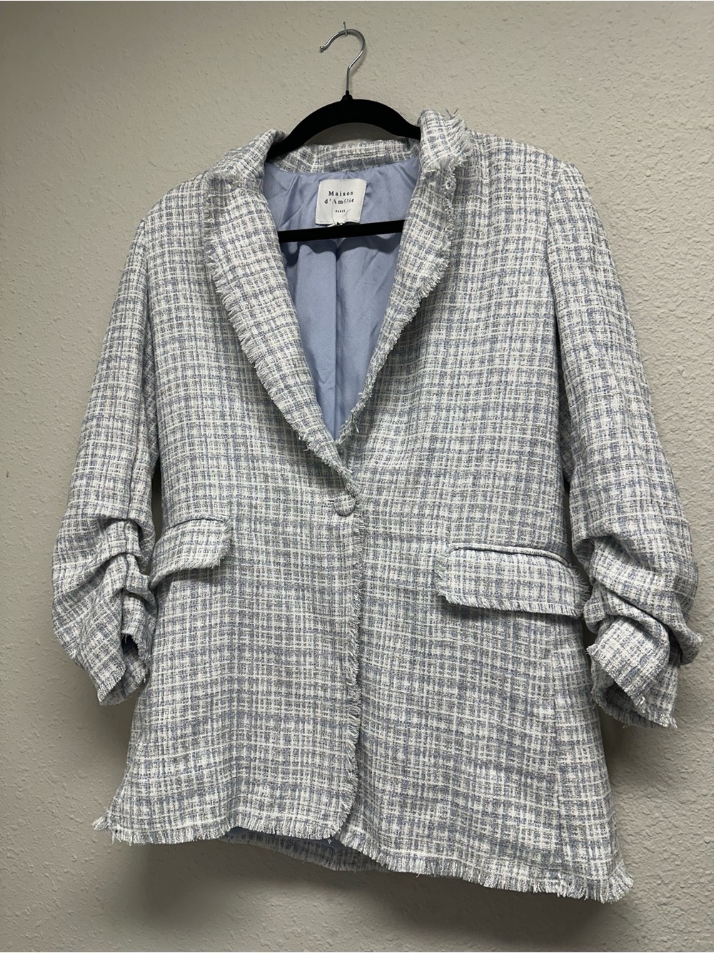 Maison d'Amélie Women's Blue White Frayed Edge Lined 3/4 Sleeve Jacket 4 Preppy